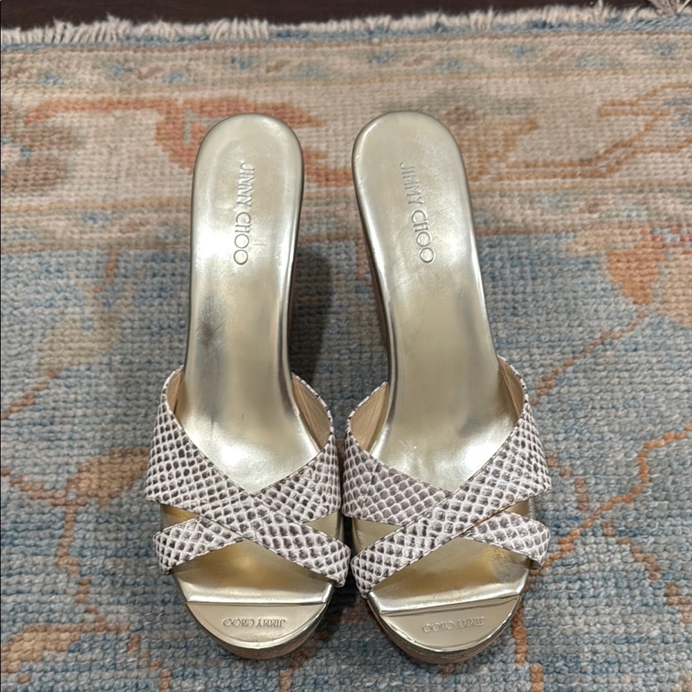 Jimmy Choo Silver and Cream Heeled Mules with Rhinestone Bow